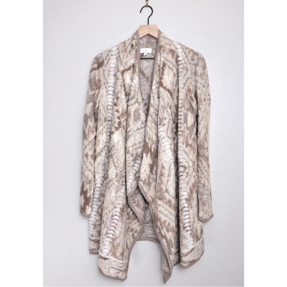 Lucky Brand Aztec Tribal Open Front Draped Cardigan M Brushed Knit Southwestern